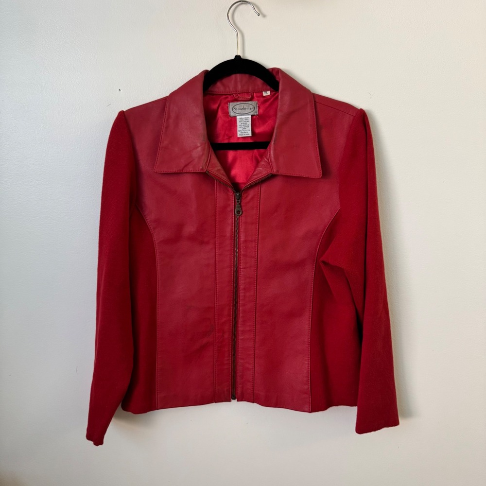 Vintage 90s Red Leather Knit Combo Jacket Size PL Zip Colorblock Stonebridge